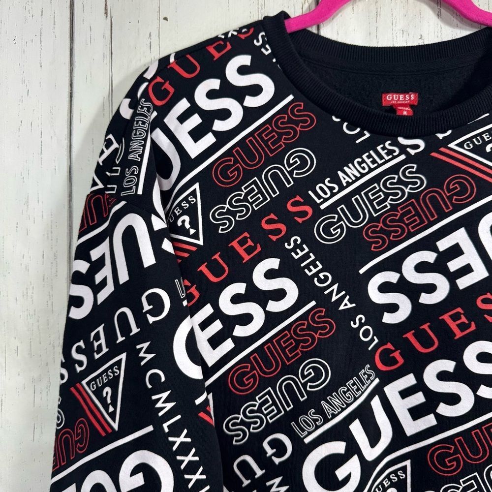 Guess Logo Print Cropped Drawstring Sweatshirt Black White Red Y2K Streetwear M - Picture 2 of 14